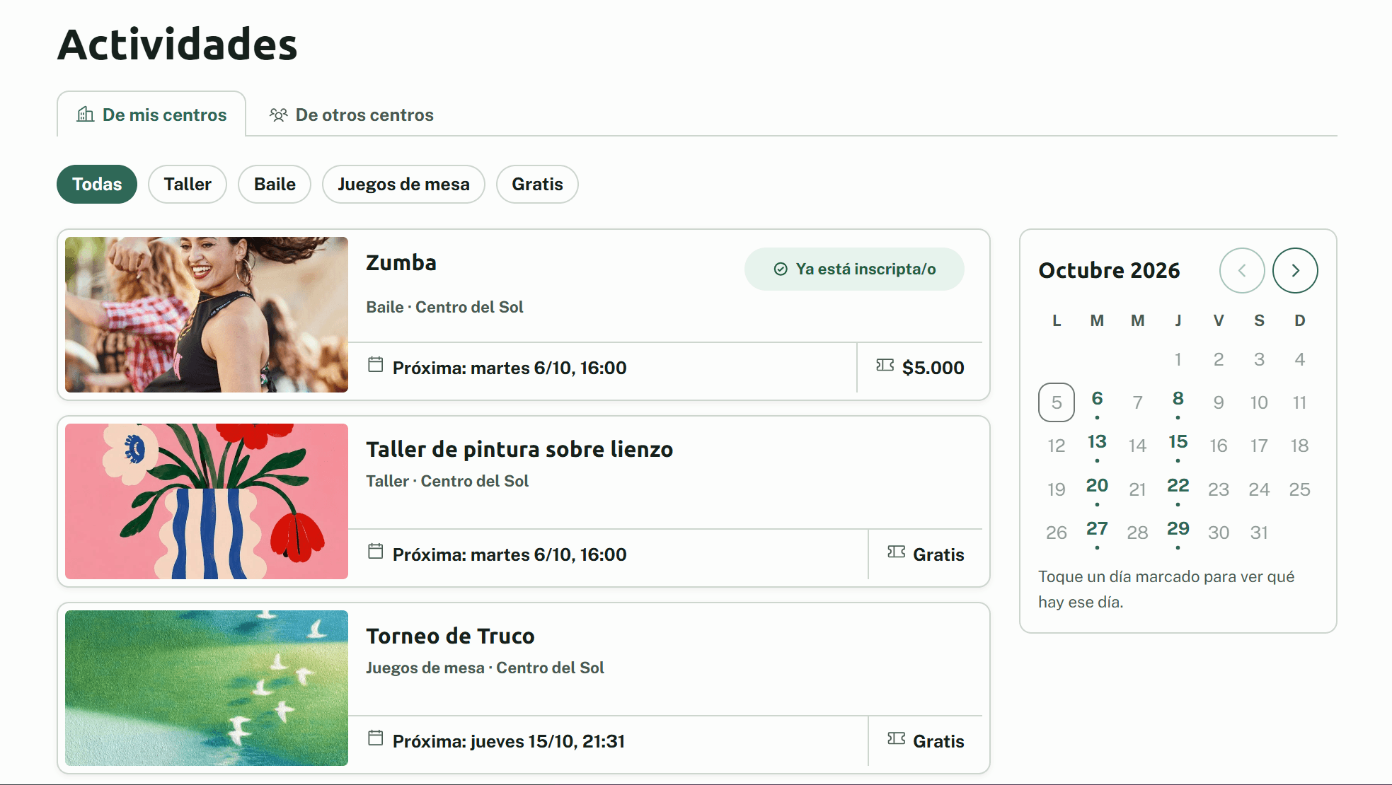 Pantalla de Actividades de Prana: la lista de actividades del centro y un calendario con los días en que hay clases